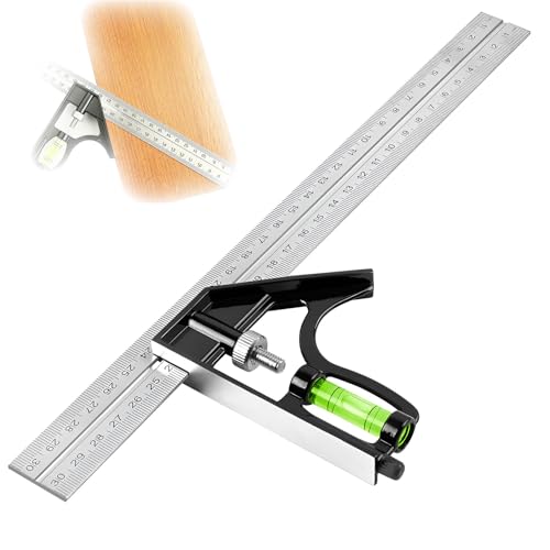 Kombinationswinkel 300mm,Kombiwinkel,Combination Square,Anschlagwinkel Mit Wasserwaage Und Anreissnadel, 45 90 Grad Winkel Anschlagwinkel Metall Zum Präzisen Messen & Markieren