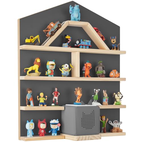 tectake® Holz Regal mit Magnetstreifen für Wand Montage, Wandregal für's Kinderzimmer, Aufbewahrung Musikbox, für Tonies Tonie Hörfiguren und Toniebox - anthrazit