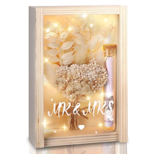 Hochzeitsgeschenke für Brautpaare, Geldgeschenk Hochzeit, Hochzeitsgeschenke, inklusive Getrocknete Blumen, Holzbox, Kunststoff Reagenzglas, Lichterketten, Hochzeitstag, Hochzeitsgeschenk Geld (Beige)