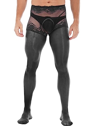 Freebily Herren Transparent Strumpfhose Ouvert Sexy Sissy Dessous Unterwäsche Spitzenstrumpfhose Strümpfe Pantyhose A_Schwarz XL