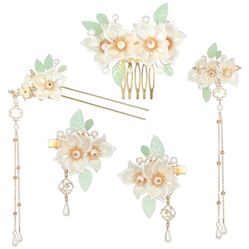 Amabro 5 Stück Braut Haarschmuck Hochzeit Gold,Blumen Haarnadeln Gold,French Hair Pin Hanfu Blumenspangen Haarklammer Set Hair Accessories Florales Retro Kopfstück Mit Quaste Traditionelles Hairpin