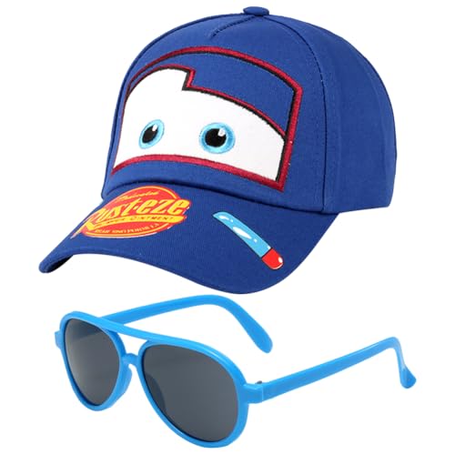 McQueen Car Kinder Baseball Cap, 2PCS Baseballkappe und Sonnenbrille Schirmmütze Sonnenschutz Cap Cartoon Snapback Cap Baseballmütze Einstellbare Kappe Sonnenbrillen Set für Kinder Ab 2 Jahren