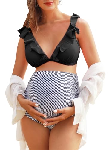 Summer Mae Badeanzug für Schwangere, hohe Taille, zweiteilig, Rüschen, Bikini, Badeanzug, Blumenmuster, V-Ausschnitt, Schwangerschaft, Schwarz/Weiß, gestreift, Small