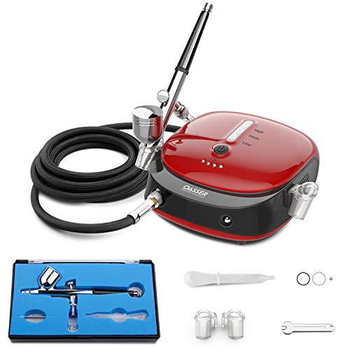 Oasser Airbrush Set Kompressor Dual Action 3 Modi wiederaufladbarer 1000mAh Akku 0,3mm Düse 7CC Tasse Airbrush Pistole für Modell, Kuchen, Kosmetik, Lackierung Rot