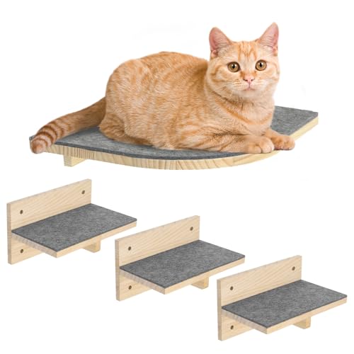 Pawtasy Kletterwand Katzen Katzentreppe Wand 4er-Set Katzen Kletterwand Set Stabiler Katzenwand Naturholz Katzenleiter Katzenwandparkour Bis zu 9.5KG