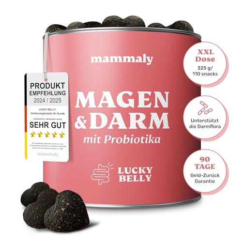 Lucky Belly von mammaly Probiotika Hunde-Leckerli 110 Snacks (325g) Verdauungssnacks für Magen Darmflora Aufbau (bei Durchfall, Sodbrennen & Gras fressen) Alternative zu Heilerde, Kohletabletten