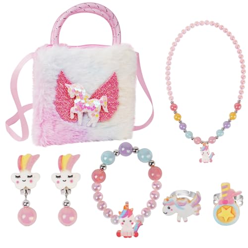 OSDUE Einhorn Handtasche, Einhörnern Kinderschmuck Halskette, Schmuckset für Mädchen, Unicorn Kette Halskette Armband Ring Schmuckset, für Party Dress Up Geschenk (7-Teiliges Set)