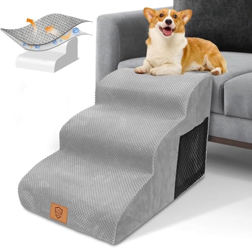 HEVOL Hundetreppe 3 Stufen, rutschfeste Haustiertreppe für Kleine Hunde, Waschbarer Hundetreppe 40cm Hoch, Tragbar Hunderampe Katzentreppe mit Waschbar Bezug für Sofa Bett