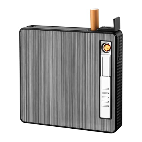 Shengxi Zigarettenbox Zigarettenetui mit Feuerzeug, Zigarettenschachtel Kunststoff mit Elektronisches Feuerzeug Flammenlose, Silber Zigaretten Kasten für Zigaretten USB Laden (20 Zigaretten)