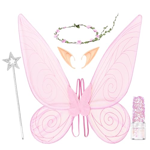 Feenflügel Erwachsene Elfenohren Blumenkranz Halloween Kostüm Accessoires ,Feenflügel Kinder Karneval Geburtstag Weihnachten Rollenspiel Theme Party