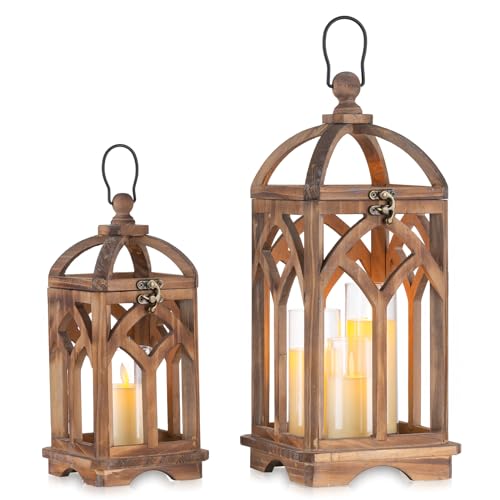 Laterne Holz Groß Landhausstil Deko - Romadedi 30/40cm Rustikale Landhaus Kerzen Laterne Braun, Windlicht Laterne Vintage für Weihnachten Balkon Garten Hochzeit Tischdeko Innen, Set of 2