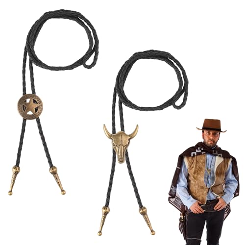 MOKIDO 2 Stück Bolo Tie, Cowboy Kostüm Herren, Cowboy Hemd Herren, Western Outfit Herren, Cowboy Weste Herren, Verstellbare Lariat Halskette, Leder Rodeo Anhänger für Damen und Herren