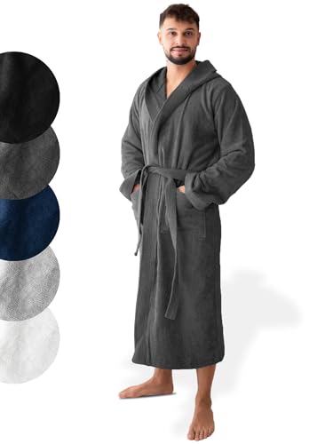 SIEGENTHAL® Herren Bademantel Frottee Velour 100% Baumwolle mit Kapuze Flauschig - Dunkelgrau M - L