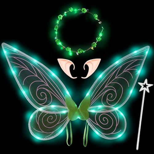 YOUYIKE Led Feenflügel Kostüm Set, Feenflügel mit Elfenohren, Blumenkranz, Led Flügel Kinder, Feenflügel Erwachsene, Schmetterlingsflügel Kinder für Weihnachts Karneval Geburtstags Cosplay Party