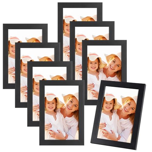 RosewineC Bilderrahmen 10x15 Schwarz, 8er Set Echtholz Bilderrahmen Set Holz Moderner eckiger MDF Holzbilderrahmen für Zuhause Büro Schule