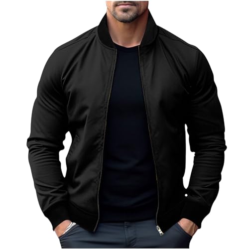 Jacke Herren Basic Bomberjacke Freizeit Übergangsjacke Leichte Dünne Herren-Jacken Bequeme Sportjacke ohne Kapuze Casual Blouson Winterjacke Große Größen Jacket Blitzangebote Schwarz L