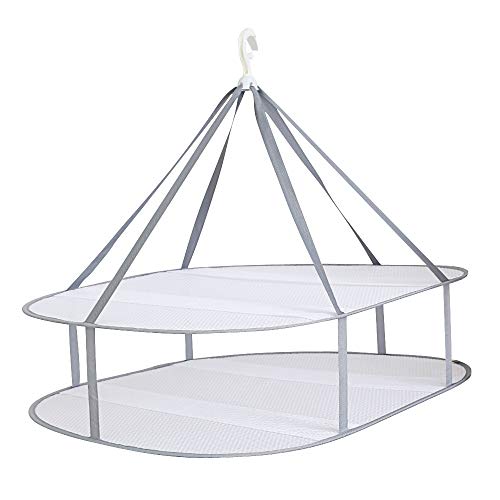 Collenatsy Faltbarer Pullover-Trockner Grau – Wäscheständer mit 2 Ebenen mit Haken, 77x61cm Flachlegefläche für Wollpullover & Badeanzüge, Netzgewebe-Trockengestell
