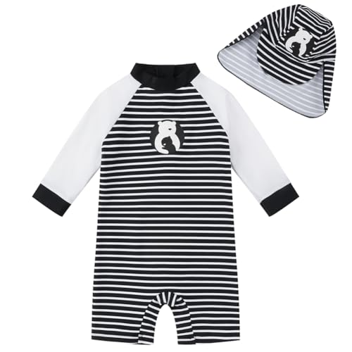upandfast Baby Junge Badeanzug mit Sonnenhut UPF 50+ Badebekleidung Bademode(Weiß Streifen,18-24 Monate)