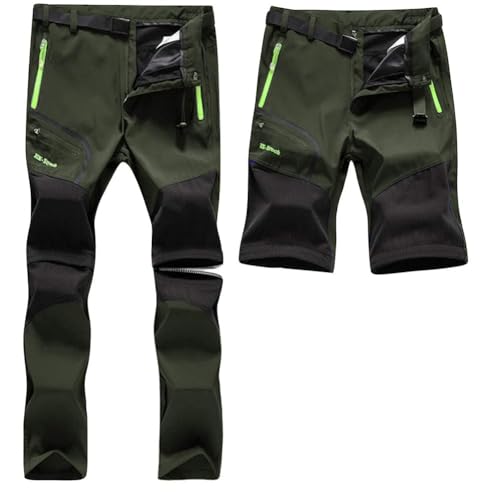 SANMIO Herren Wanderhose Zip Off Atmungsaktiv Wasserdicht Softshellhose Outdoor Funktionshose Trekkinghose Entfernbar Schnell Trockend (mit Gürtel) Grün, M