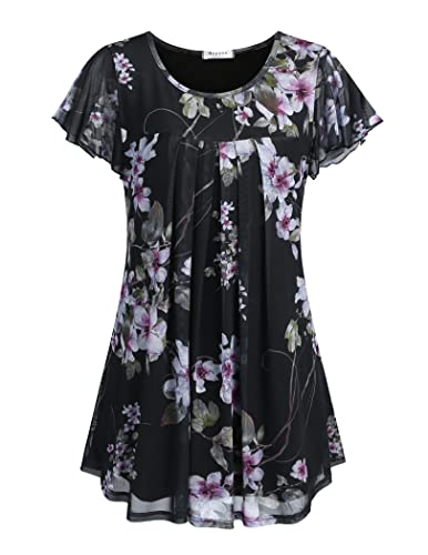 Beyove Damen Bluse Kurzarm Blumen Tunika Shirt Elegant Sommerblusen Doppellagig Longshirt Rundhals Lässiger Oberteile M