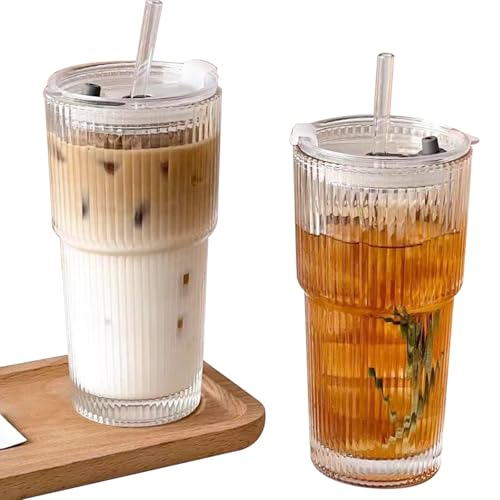 hosck 2 Stück Glasbecher, 600ml Klarglasbecher mit Deckel & Strohhalm, Eiskaffeebecher mit Deckel, Eis Matcha Becher, Spülmaschinenfeste Wassergläser, Trinkgläser für Kaffee, Saft, Tee, Cocktail