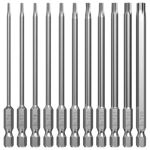 Lixiluxia 11 Stück Torx Bit Set Lang, 100mm Extra Lange Bitsatz, Magnetische Bitset, Bit Satz Langbits, Sechskant Schraubendreher Bit Set, T6 T7 T8 T9 T10 T15 T20 T25 T27 T30 T40,1/4" Sechskantschaft