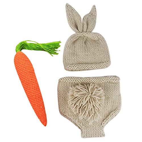 FYMNSI Neugeborenen Baby Mädchen Jungen Fotoshooting Kaninchen Kostüm Fotografie Requisiten Niedlichen Hase Ohr Hut Mütze + Shorts + Karotte Säugling Foto Stützen Outfit 3tlg Khaki Einheitsgröße