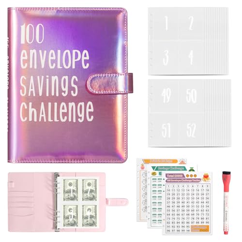 100 Geldsparbinder Budget Planner, A5 Envelope Saving Challenge Sparbuch für Geld mit Cash Umschläge, A5 Geldspar Ordner Budget Ordner Geldspar Brieftasche für Zuhause, Schule
