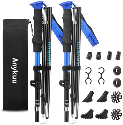 Anykuu Wanderstöcke Faltbar 2PCS Walking Stöcke Verstellbar 110-130cm Ultraleichte Trekkingstöcke mit 6 Paar Zubehör Hiking Poles Aluminium für All Terrain Walking Poles zum Wandern Skifahren