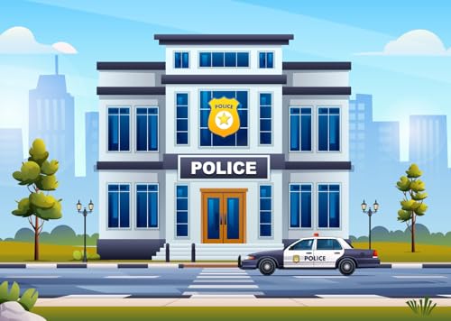 CORFOTO 2.7x1.8m Cartoon Polizeiabteilung Hintergrund Polizeistation Hintergrund SWAT Cop Auto Blauer Himmel Wolken Polizei Thema Fotografie Hintergrund Junge Mann Geburtstag Party Foto Booth