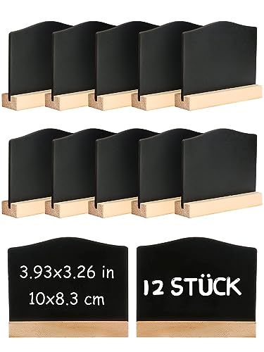 DONQL 12Stück Mini Kreidetafel mit Ständer, Kleine Tafel Holzschilder zum Beschriften, Mini Tafel Set,Tischkarten Preisschilder Platzkarten Kreidetafel Aufsteller für Hochzeit,Geburtstag usw. (Wellig)