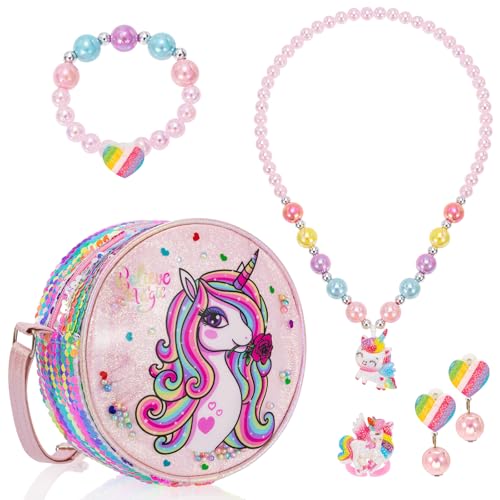 BTHRORO Einhorn Umhängetasche für Mädchen Schmuckset, Niedliche Crossbody Taschen Prinzessin Halskette Armband Ring Ohrclip Kinderschmuck Pretend Play Einhorn Geburtstagsgeschenke