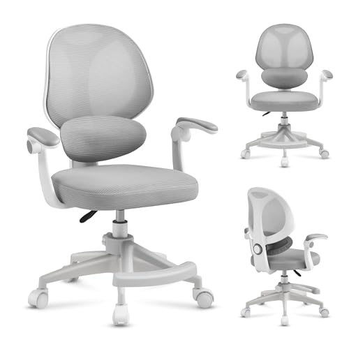 MARK ADLER Junior 4.5 | Ergonomischer Drehstuhl für Kinder & Jugendliche | Höhenverstellbar | Lordosenstütze | Klappbare Armlehnen | Schwerkraftrollen | Fußstütze | 360° Drehung | Grau