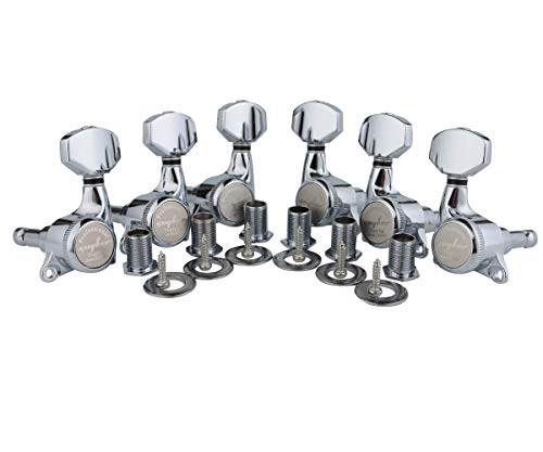 Guyker 6Pcs Guitar Locking Tuners (3L + 3R Handed) - 1:18 Ratio Lock String Tuning Key Pegs Machine Heads with Hexagonal Handle Replacement for LP SG Style Electric, Folk or Acoustic Guitars- Chrome