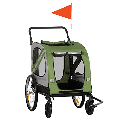 PawHut 2-in-1 Hundeanhänger & Hundebuggy, Hundefahrradanhänger Fahrradanhänger, Hundewagen mit Reflektoren für Mittelgroße Hunde bis 20 kg, Oxford-Gewebe, Grün