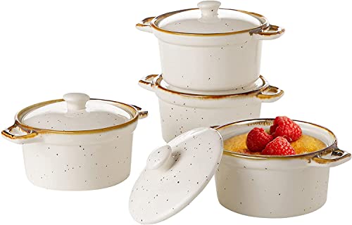 ONEMORE Auflaufförmchen mit Deckel, 170 ml, ofenfest, Keramik, Mini-Auflaufform mit Griffen und braunem Rand, für französische Zwiebelsuppe, gesprenkelte Mini-Dutch Oven Cocotte, 4er-Set für