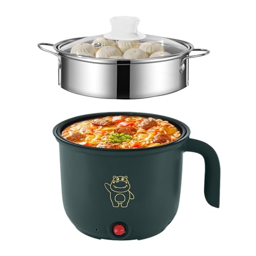 GOEDCH Mini Elektrischer Hot Pot: Tragbarer Elektrischer Mini-Hot Pot, Multifunktions Bratpfanne, Elektrischer Kochtopf, mit Dampfgarer aus Edelstahl, 1,8L Schneller Ramen Kocher, 600W, 220V, Grün