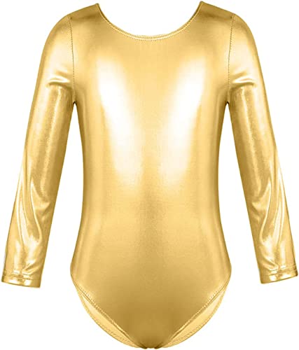 FUREINSTORE Ballet Gymnastics Classical Shiny Elastic Dance Leotard Girls Long Sleeve Round Neck Ballerina Leotard (gold, 10 Jahre)