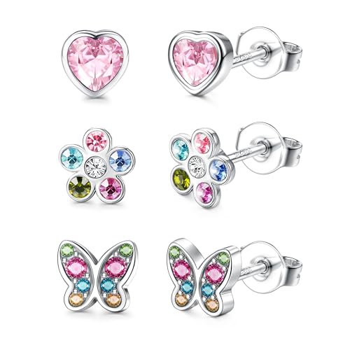 Adramata 3 Paar Ohrringe Silber 925 Mädchen Damen Hypoallergene Ohrringe Kleine Stern Blumen Schmetterling Herz Ohrringe Set Ohrstecker Silber 925 Kinder Ohrringe für Mädchen
