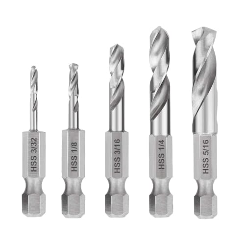 5 Stück 1/4" Schnellwechsel Sechskantschaft Metallbohrer Kurzer Bohrer Satz HSS M2,3/32, 1/8, 3/16, 1/4, 5/16 Zoll,Bohrer mit Sechskantschaft,Winkelbohrmaschine，HSS Bohrer set