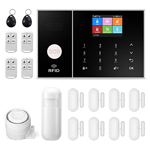 Drahtloses alarmanlage Wohnung,GSM/WiFi komplettes alarmsystem mit 120-dB-Alarmsirene, intelligenter Fernbedienung, LCD-Display, Sprachansage, Sicherheit für Zuhause, Büro