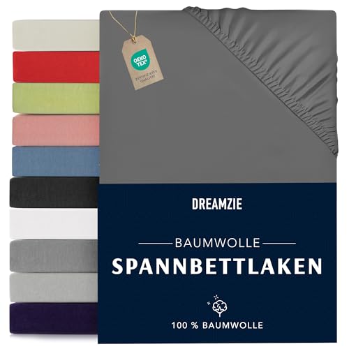 Dreamzie - Spannbettlaken 70x190/200cm - Baumwolle Oeko Tex Zertifiziert - Anthrazitgrau - 100% Jersey Spannbetttuch 70x190/200