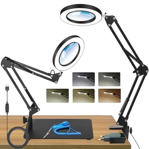 ELITUN Lupe mit Licht, Tischlampe Led 10X Lupe mit Klemme und Basis 5 Farbmodi 10 Stufenlos Dimmbare Klemmlampe für Arbeitsplatzlampe Bastelnn Leselupe Schwarz Schreibtischlampe lupenlampe