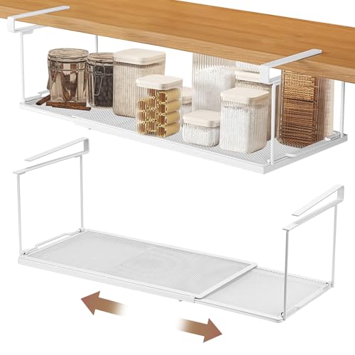 Drepint Unter Regal Hängekorb ausziehbar, Verstellbarer hängendes Unterschrankregal Metall 38.5-69cm, Küchenschrank Regal Organizer Metall, Aufbewahrungskorb unterregal für Küche Schrank Tisch Bad