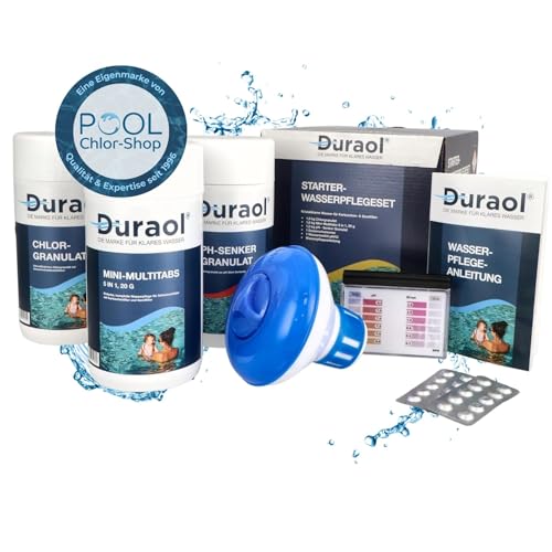 Duraol Wasserpflege Starter Set I Pool-Zubehör-Set für Anfänger I Pool Chlor Starterset für Einsteiger I Mini-Multitabs, Dosierschwimmer, Pooltester, pH-Senker, Chlorgranulat & Anleitung