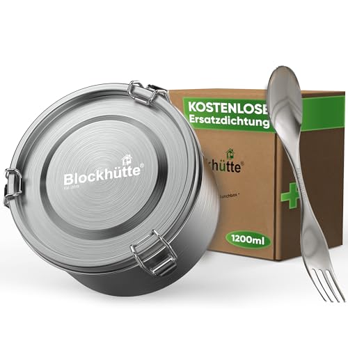 Blockhütte Premium Lunchbox Edelstahl Rund I 1200ml I mit Göffel und 2x Dichtung Set I Edelstahl Dose Auslaufsicher I Edelstahl Behälter Office I Edelstahl Frischhaltedose gefrierfest