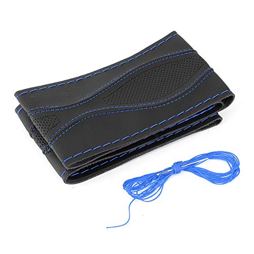 Lenkrad Lederbezug, 38 cm/15 Zoll Leder Lenkradbezug Schnür Nadeln Gewindeeinsatz DIY Seitenlinie Handnähen Auto Innendekoration(Lieferantenspezifikation m)(Dark Blue)