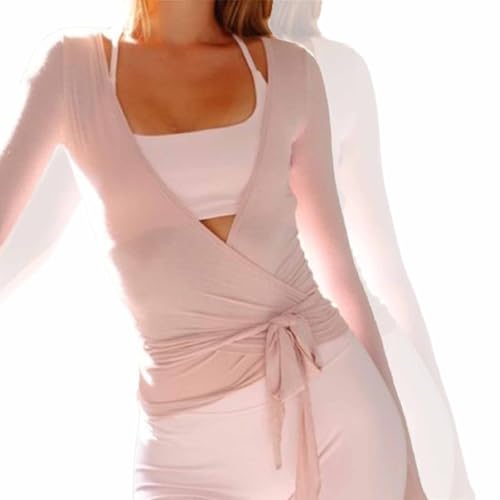 Pilates Wrap Tie Shirt Tops for Women Long Sleeve Ballet Ties Top Dance Ballerina Cover Up Top Yoga Workout Blouse (1pcs-E,S)