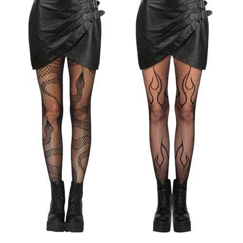 NOLACE 2Paar Netzstrumpfhose Schwarz,Strumpfhosen Damen Muster Halloween Fishnet Dunkle Alternative Schlangennetzstrumpfhose Vintage Halloween Kostüm Accessoires Tag Der Festival Karneval