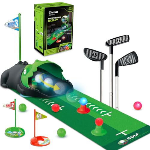 Clemas Minigolf Set Spielzeug für Kinder, 16PCS Indoor Outdoor Golfkoffer Spiel Set mit 3 bunten chläger, 6 Bälle, Putting Matte Spielzeug für Jungen